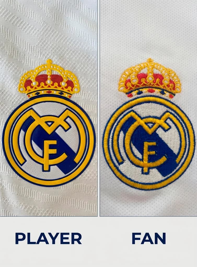 Comparativa del escudo Real Madrid: versión Jugador termosellada frente a versión Fan bordada
