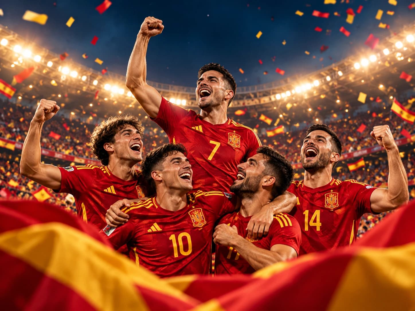 Jugadores de España celebrando en un estadio
