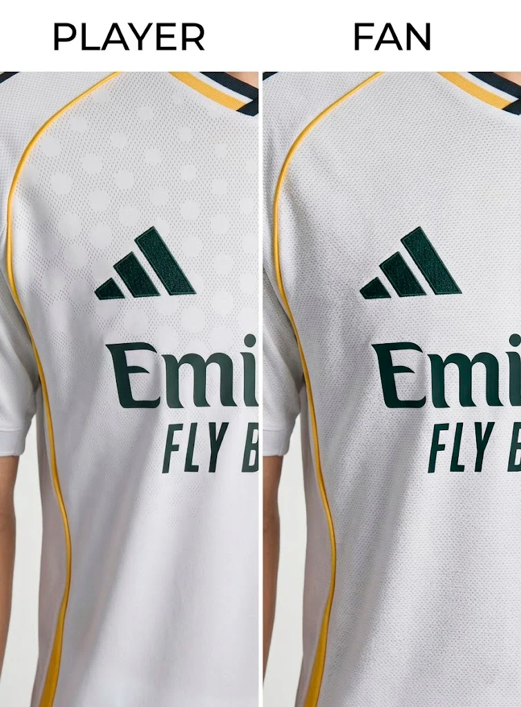 Comparativa Player vs Fan: logo Adidas termosellado y tela técnica frente a logo bordado y tela más lisa